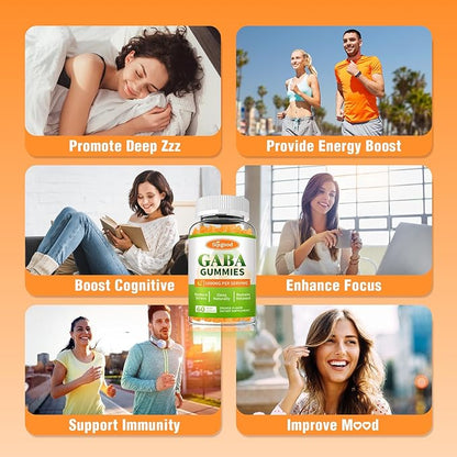 GABA Gummies for Adults, Relaxation, Zzz & Mood – Sugar-Free Calm Gummies with L-Theanine, 5-HTP, Vitamin D3 – Natural Zzz Support, GABA Supplements for Kids, Orange Flavor, 120 Count