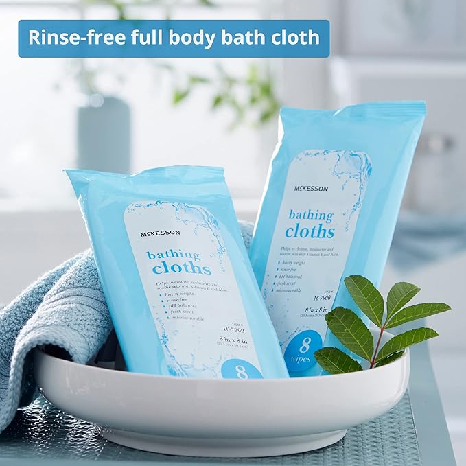 McKesson Bathing Cloth with Aloe & Vitamin E [8 Wipes] No Rinse Shower & Bathing Body Wipes for Adults & Elderly, Disposable Washcloths, pH Balanced, Fresh Scent