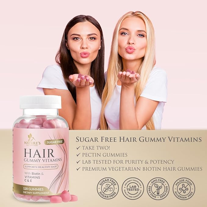 Hair Vitamins Gummies - Sugar Free Hair Growth Support Gummy with Biotin 5000 mcg Per Serving, Vitamin A, B12, C, D, E, Folic Acid - Supports Strong Beautiful Hair and Nails, Vegetarian - 120 Gummies
