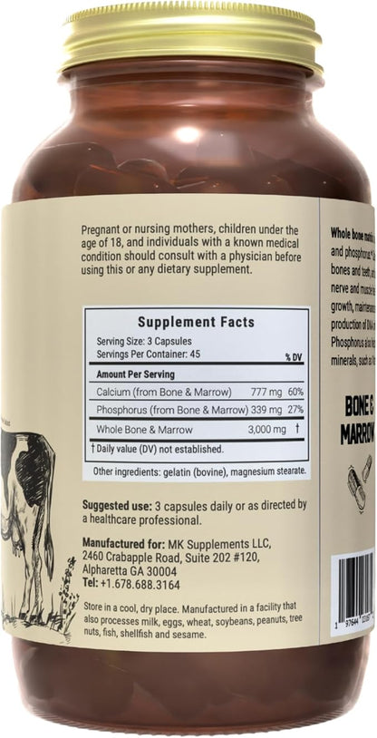 MK Supplements Grass-Fed Bone & Marrow Capsules | Collagen Types I & II + Bone Peptides + Marrow | Whole-Food Calcium Matrix | New Zealand Raised | 135 Capsules
