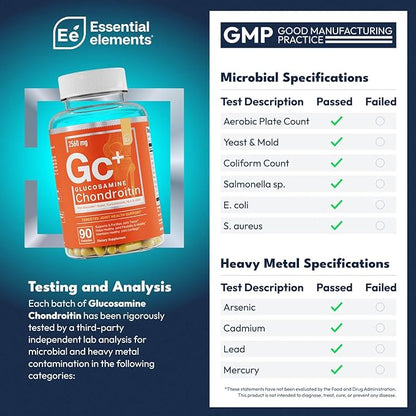 Essential Elements Glucosamine Chondroitin MSM Boswellia Serrata Hyaluronic Acid Supplement Joint Support Antioxidant Supplement for Flexibility - 90 Capsules