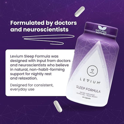 Levium Sleep Formula Supplement | Natural Relaxation Aid Capsules with Melatonin, GABA, L-Theanine, Magnesium | 60 Count Bottle – 30 Day Supply