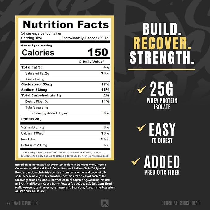 RYSE Loaded Protein Powder - Chocolate Cookie Blast - 25g Whey Protein Isolate & Concentrate with Prebiotic Fiber & MCTs - Low Carb, Low Sugar, Digestive-Friendly - 54 Servings / 4 lb Tub