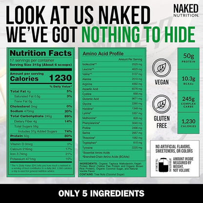 NAKED Vegan Mass - Vanilla Vegan Weight Gainer - 1,230 Calories, NSF Certified, Non-GMO, Soy & Gluten Free, No Artificial Ingredients - 12LB Bulk - 17 Servings
