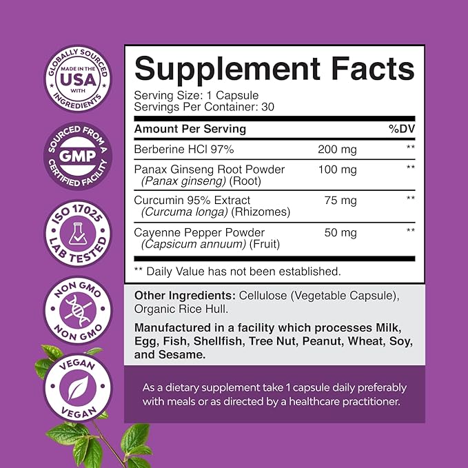 GLP-1 Berberine Supplement - One a Day Healthy Gut Berberine Complex with Panax Ginseng Turmeric Curcumin & Cayenne Pepper for Metabolic Balance - Gluten Free Vegan and Non-GMO - 30 Count