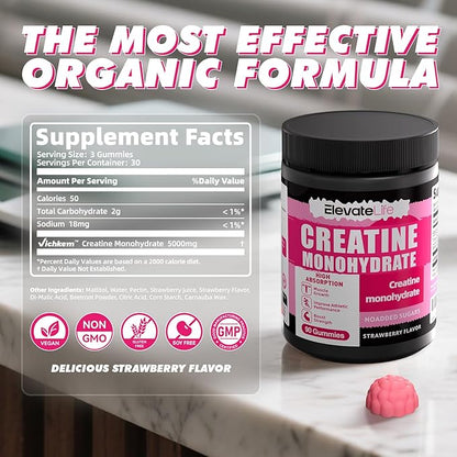 NSFCertified Creatine Monohydrate Gummies 5000mg for Men & Women, Chewables Creatine Monohydrate for Muscle Strength, Muscle Builder, Energy Boost, Pre-Workout Supplement(90 Count)-Strawberries