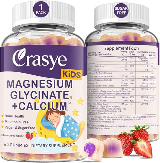 Magnesium Glycinate + Calcium Gummies for Kids Sugar Free Magnesium Gummy Kids Sleep Gummies Melatonin Free Magnesium Supplement for Children Zzz & Relax, Brain, Bone