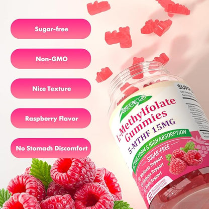 MEENCCD L-Methylfolate 15mg Gummies, Methylfolate Supplement, 5-MTHF Supplement - Active 5-MTHF - Supports Overall Wellness, Vegan, Raspberry Flavor, 60 Count