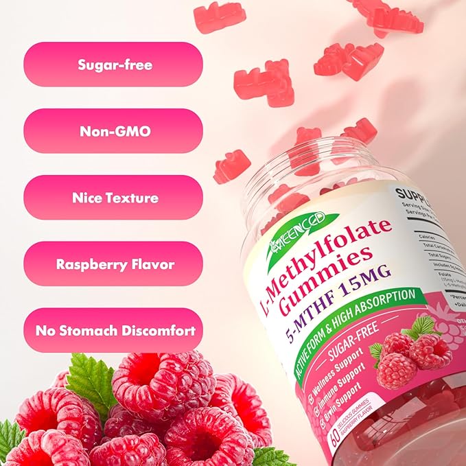 MEENCCD 2 Pack L-Methylfolate 15mg Gummies, Methylfolate Supplement, 5-MTHF Supplement - Active 5-MTHF - Supports Overall Wellness, Vegan, Raspberry Flavor, 120 Count