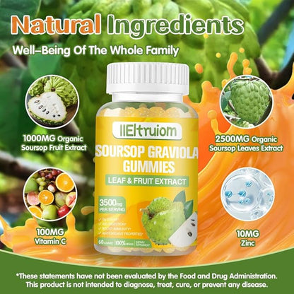 Soursop Gummies for Adults, Organic Soursop Leaves and Fruit Extract with Vitamin C, Zinc, 3500mg Soursop Graviola for Immunity, Digestive Aid & Antioxidant Boost, Sugar/Gluten Free(30 Servings)