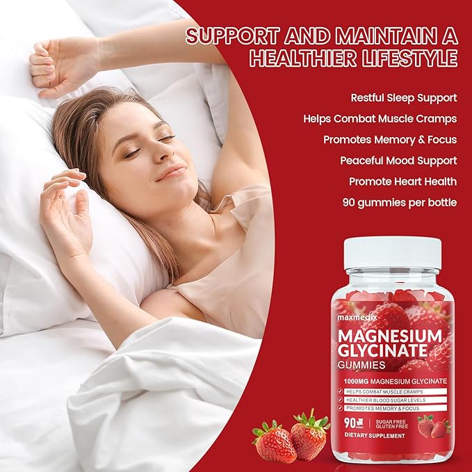 Magnesium Glycinate Gummies 1000mg, Sugar Free Magnesium Potassium Supplements Chewable for Adults with L-Threonate for Sleep, Body Support and Relaxation,90 Strawberry Gummies