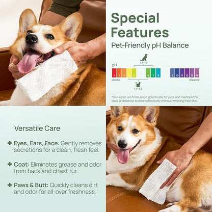 HICC PET Wipes for Dogs & Cats, Cleansing Deodorizing & Soothing Allergy Infections Anal Gland Pets Wipes with Coconut Oil - Dog Grooming Wipes for Butt and Paw - Hypoallergenic & Vet Recommended
