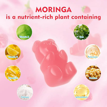 Moringa Gummies - Pure Moringa Leaf Supplement for Adults, Contains Essential Vitamins, Antioxidants & Amino Acids, Sugr-Free, Raspberry Flavor, 60 Count