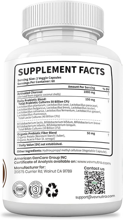 VEV Activated Charcoal with Organic Coconut Shell Charcoal & 50 Billion Probiotics – 120 Vegan Capsules for Digestive Wellness & Dietary Support