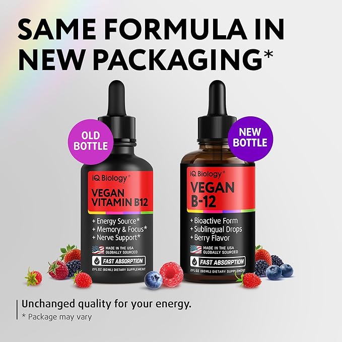 Organic Vitamin B12 Liquid Drops - Sublingual Methylcobalamin 5000 mcg - Methylated B-12 Active Coenzyme Form - Energy & Nerve System Support - Vegan Vit B 12 - USA Made - Berry Flavor - 60 servings
