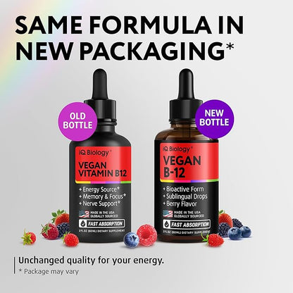 Organic Vitamin B12 Liquid Drops - Sublingual Methylcobalamin 5000 mcg - Methylated B-12 Active Coenzyme Form - Energy & Nerve System Support - Vegan Vit B 12 - USA Made - Berry Flavor - 60 servings
