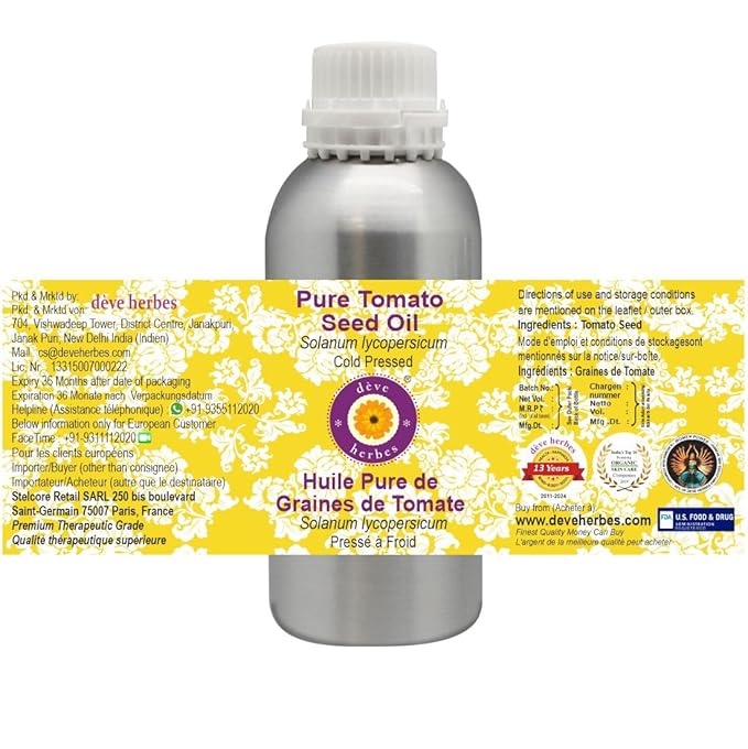 Deve Herbes Pure Tomato Seed Oil (Solanum lycopersicum) Cold Pressed 1250ml (42 oz)