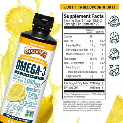 Barlean's Omega 3 Fish Oil Liquid Supplement for Men and Women, 1080mg of EPA and DHA Fatty Acid, Promotes Brain & Heart Health - Non-GMO, Lemon Crème, 16 oz