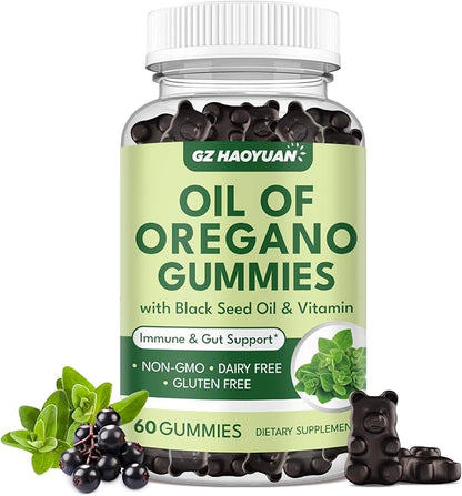Oil of Oregano Gummies with Black Seed Oil + Vitamin D3, Oregano Oil Organic High Carvacrol, Immune & Digestive Support, Antioxidant Support, 60 Gummies