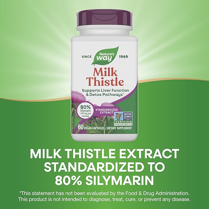 Nature's Way Milk Thistle, Supports Liver Function & Liver Detox Pathways*, 175 mg Milk Thistle Seed Extract Standardized to 80% Silymarin per Serving, Vegan, 60 Capsules (Packaging May Vary)