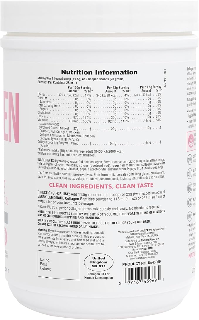 NaturesPlus Collagen Peptides, Berry Lemonade - 0.8 lb Powder - Hair, Skin, Nail & Joint Health, Immune System Support - Non-GMO, Gluten Free - 14 Servings