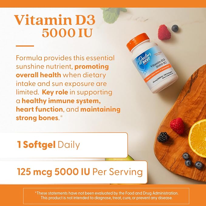 Doctor'S Best Vitamin D3, Capsule 5, 000 Iu for Healthy Bones, Teeth, Heart & Immune Support, Non-GMO, Gluten-Free, Soy Free, 720 Count (Pack of 1)