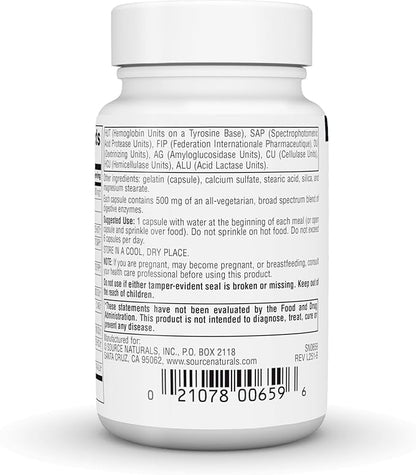 Source Naturals Essential Enzymes, Bio-Aligned Multiple Enzyme Supplement Herbal Defense for Digestion, Gas, Constipation & Bloating Relief - Supports A Strong Immune System* - 500mg - 60 Capsules