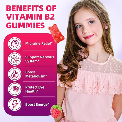 Vitamin B2 Gummies for Kids & Adults, VIT B2 Riboflavin 400mg Supplement with Magnesium for Migraine Relief & Nervous System Support, Non-GMO, Vegan, Raspberry Flavor 60 Count