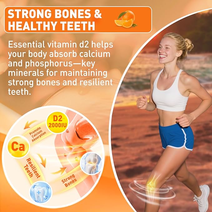 duwhot Vitamin D2 Gummies 2000 IU, Plant-Based Vitamin D Supplement from Whole Mushroom, for Bone, Muscle & Immune Support, Daily Sunshine Supply, Vegan, Non-GMO, Orange, 60 Chews