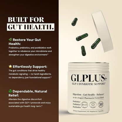 GLP-1 Support Supplement for Nausea, Bloating & Gut Health – Synbiotic Pre, Pro & Postbiotic for Women & Men for GLP-1 Users — Injection & Oral Users – Pharmacist Formulated, 20-in-1 (60 Capsules)