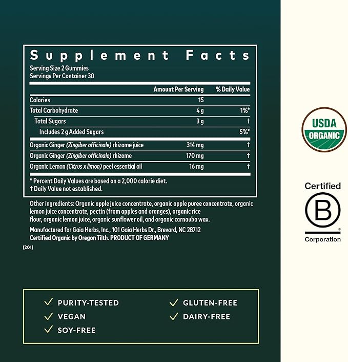 Gaia Herbs Nausea Gummies - Relieves Occasional Nausea* - with Ginger & Lemon - Ginger Flavor - 60 Vegan Gummies (30 Servings)