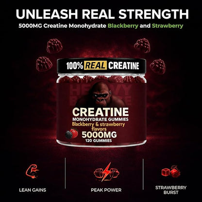 Creatine Monohydrate Gummies 5g Sugar Free Creatine with Vitamin B12 and L-Taurine | Muscle Growth for Men and Women | Low Calorie Formula 120 Gummies for 30 Servings, Mixed Berry