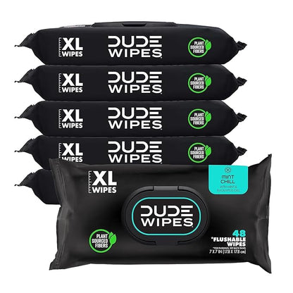 DUDE Wipes Mint Chill Flushable Wipes - Extra-Large Adult Wet Wipes - 6 Pack (288 Count) - Infused with Tea Tree Oil, Vitamin E, and Aloe - Septic and Sewer Safe