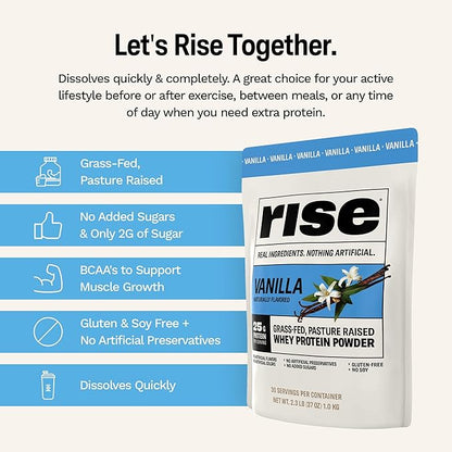 Rise Grass-Fed Whey Protein Powder - Vanilla | 25g Protein No Artificial Flavors, Colors, or Preservatives - Sugar Free, Gluten-Free, Soy Free (Single Serving, 1 Pack)