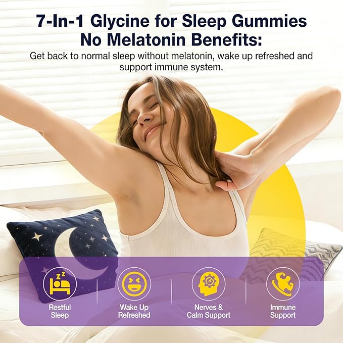 Glycine Gummies for Sleep, Glycine 3g Supplements with NAC, Magnesium Glycinate, L-Theanine, GABA, L Tryptophan, B6 for Relax, Nerve & Brain, Melatonin Free, Sugar Free, Vegan, Blueberry Flavor, 60 Ct