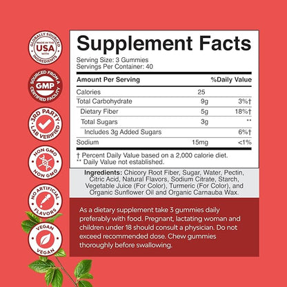 Tasty Prebiotic Fiber Gummies for Adults - High Fiber Supplement Gummies Vitamins for Adults with Prebiotic Soluble Chicory Root for Immunity and Digestive Support - Non GMO Vegan - 120 count