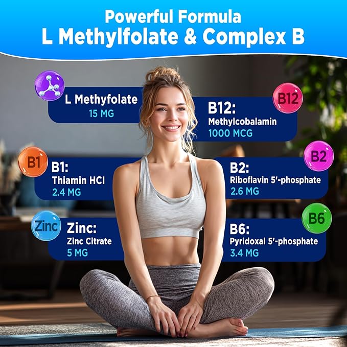 L-Methylfolate 15mg & Methyl B12 1000mcg Gummies, Methylated B1, B2, B6 Multivitamins for Men Women, Active 5-MTHF & B Complex Supplement Supports MTHFR Gene, Immune, Brain Health, Vegan, 60 Gummies