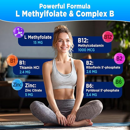L-Methylfolate 15mg & Methyl B12 1000mcg Gummies, Methylated B1, B2, B6 Multivitamins for Men Women, Active 5-MTHF & B Complex Supplement Supports MTHFR Gene, Immune, Brain Health, Vegan, 60 Gummies
