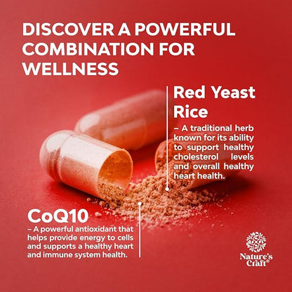 Red Yeast Rice with CoQ10 Supplement - Advanced Healthy Heart & Healthy Cholesterol Levels Formula for Men & Women - Red Yeast Rice Capsules with 1200mg per Serving and CoQ10-60 Count