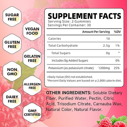 Potassium Citrate Gummies, High Potassium Supplement 1200mg Support Leg Cramps & Muscle Health, Potassium Gummies for Adults & Kids, Vegan, Raspberry Flavor 60 Count