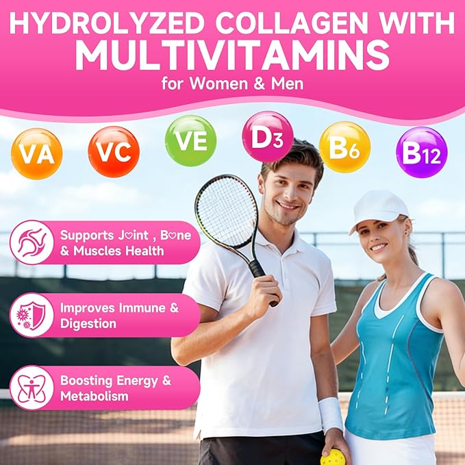 Collagen Gummies for Women & Men, Hydrolyzed Collagen Peptides (Type I, II, III, V, X) with Biotin, Hyaluronic Acid, MultiVitamins, Supports Healthy Skin, Thick Hair &Strong Nails, Sugar Free, 60Cts