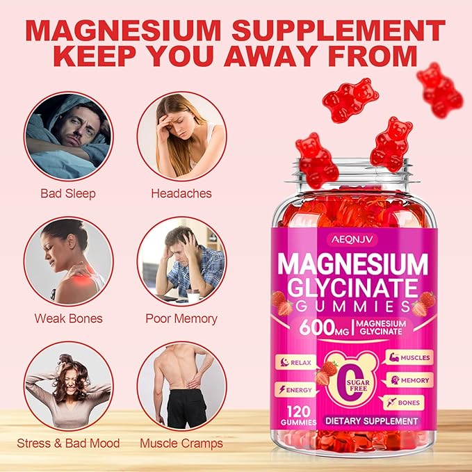 Magnesium Glycinate Gummies 600mg, Chewable Sugar Free Potassium Magnesium Gummies with Magnesium Glycinate, Vitamin D, B6 and CoQ10 for Sleep, Relaxation, Brain and Muscle, 60 Days Supply
