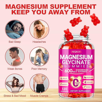 Magnesium Glycinate Gummies 600mg, Chewable Sugar Free Potassium Magnesium Gummies with Magnesium Glycinate, Vitamin D, B6 and CoQ10 for Sleep, Relaxation, Brain and Muscle, 60 Days Supply
