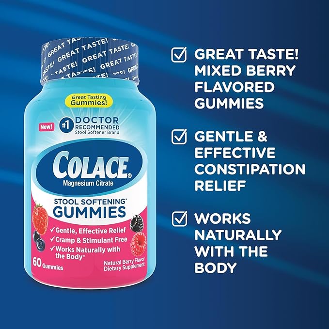 Colace Stool Softener Gummies, Gentle Dependable Constipation Relief Magnesium Citrate Gummies, No.1 Doctor Recommended Stool Softener Brand, Berry Flavored 60ct (Pack of 2)