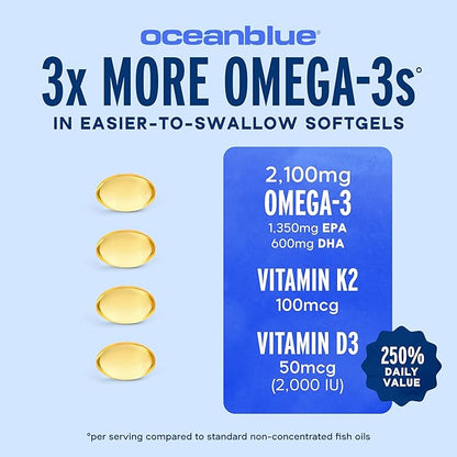 Oceanblue Professional Omega-3 2100 with Vitamin K2 & Vitamin D3 - Triple Strength Burpless Fish Oil Omega-3 Supplement with EPA & DHA - Wild Caught - Orange Flavor - 120 Mini Softgels