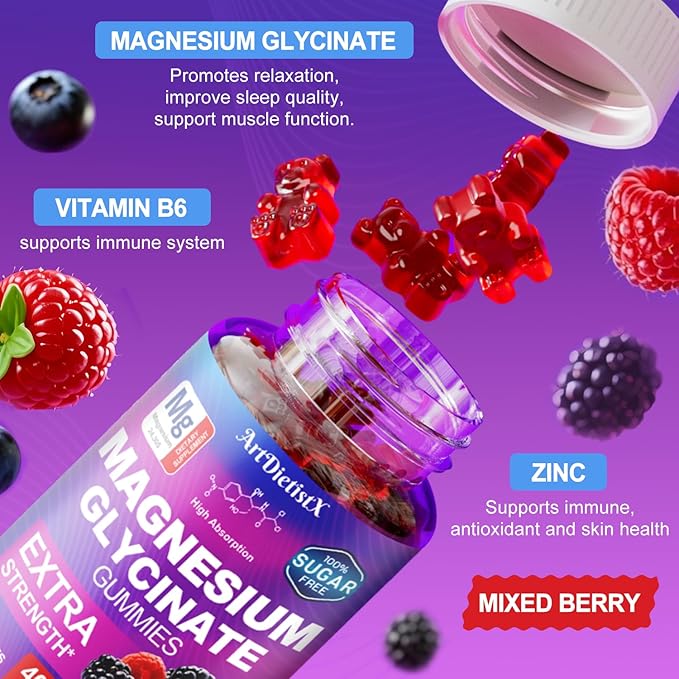 Magnesium Glycinate Gummies 400mg, Sugar Free Mаgnеsium Gummiеs for Adults with Magnesium Malate, Zinc, and Vitamin B6 for Sleep, Body Support and Relaxation, Non GMO, 120 Count-Multi-Flavor