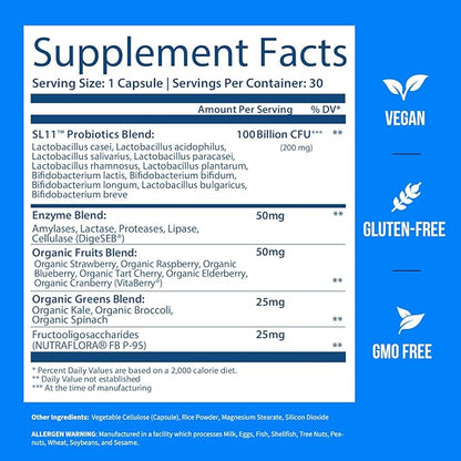 GOBIOTIX 100 Billion - Digestive Enzymes Supplement - Probiotics Multivitamin - Prebiotic Fiber Blend - 100 Billion CFU - Organic Fruit and Greens Blend - Vegan, Non GMO - 30 Capsules