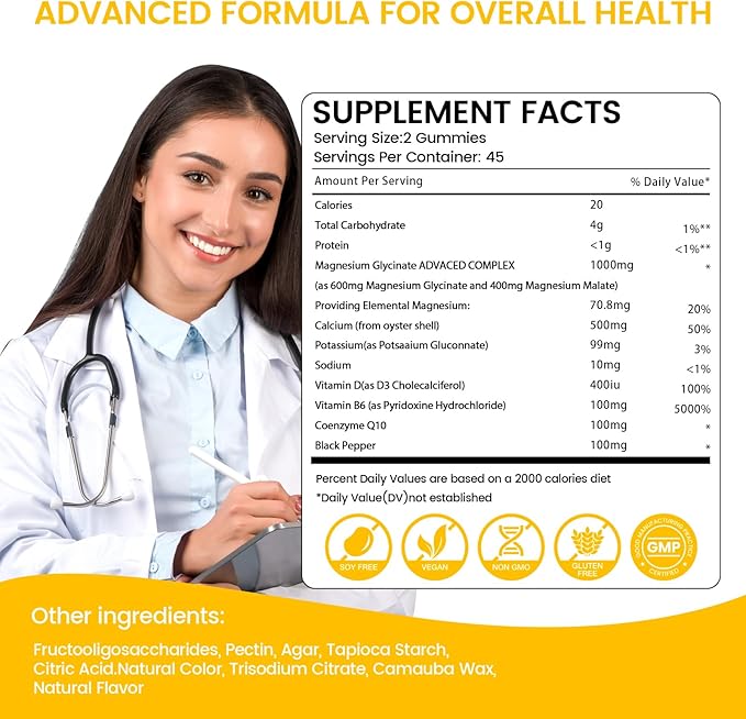 Magnesium Glycinate Gummies 1000mg, Sugar Free Magnesium Potassium Supplements Chewable for Adults with L-Threonate for Sleep, Body Support and Relaxation,90 Pineapple Gummies