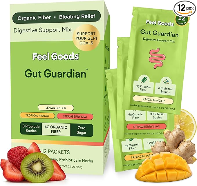 Feel Goods Gut Guardian, Digestive Health Powder Packets - Probiotic Fiber Powder with Prebiotics & L Glutamine for Gut Health, Bloating Relief & Digestion Support - Zero Sugar & Organic Flavor
