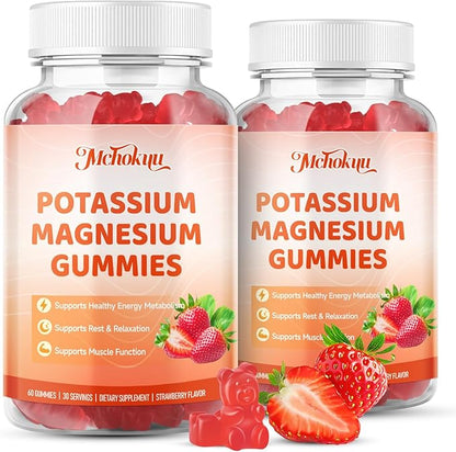 Potassium Magnesium Gummies – High Absorption Magnesium Glycinate – Magnesium Potassium Supplement Gummies with Vitamin B6, D3, B12 for Muscle Support, Sugar-Free Strawberry Flavor, 60 Count